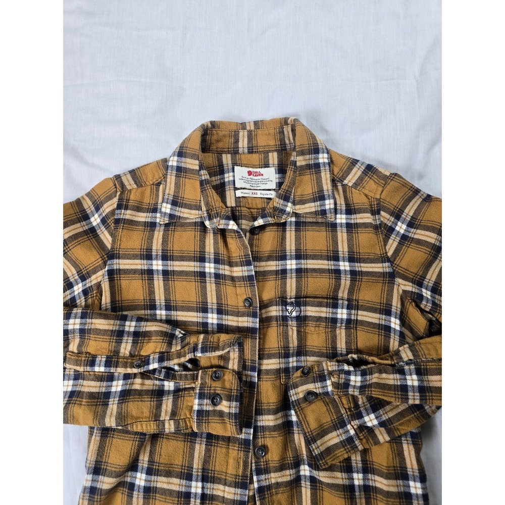 Fjallraven Shirt Womens XXS Yellow Plaid Flannel Button Front Long Sleeve Logo
